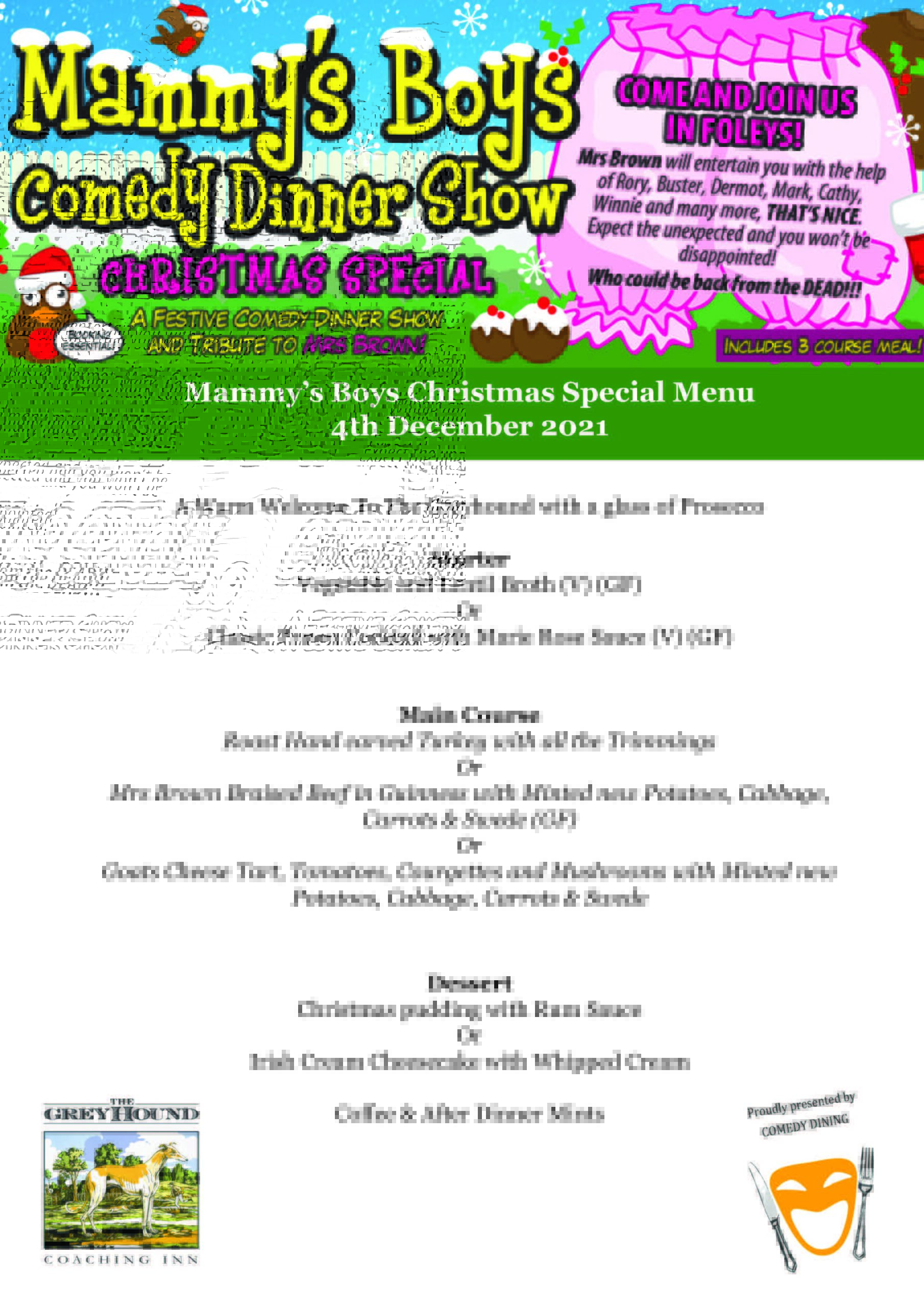 Mammy's Boys Christmas Special 4 Dec 2021 MENU, The Greyhound Lutterworth