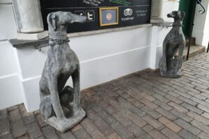 Greyhounds to welcome you in the Courtyard, Greyhound Coaching Inn, Lutterworth