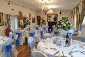 Blue and white themed wedding celebration reception Oct 2021 Christina Room Greyhound Coaching Inn Lutterworth
