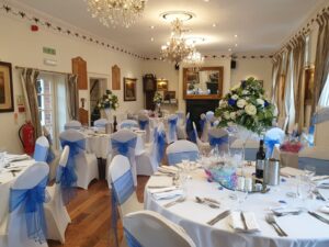 Blue and white themed wedding celebration reception Oct 2021 Christina Room Greyhound Coaching Inn Lutterworth
