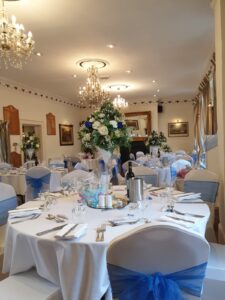 Blue and white themed wedding celebration reception Oct 2021 Christina Room Greyhound Coaching Inn Lutterworth