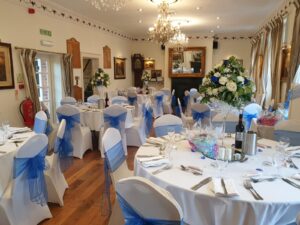 Blue and white themed wedding celebration reception Oct 2021 Christina Room Greyhound Coaching Inn Lutterworth