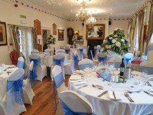 Blue and white themed wedding celebration reception Oct 2021 Christina Room Greyhound Coaching Inn Lutterworth