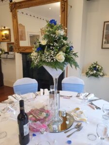 Blue and white themed wedding celebration reception Oct 2021 Christina Room Greyhound Coaching Inn Lutterworth