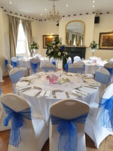 Blue and white themed wedding celebration reception Oct 2021 Christina Room Greyhound Coaching Inn Lutterworth