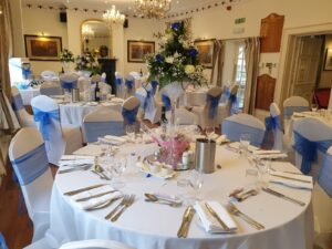 Blue and white themed wedding celebration reception Oct 2021 Christina Room Greyhound Coaching Inn Lutterworth