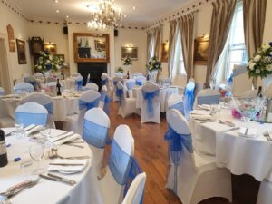 Blue and white themed wedding celebration reception Oct 2021 Christina Room Greyhound Coaching Inn Lutterworth