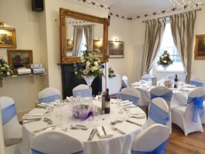 Blue and white themed wedding celebration reception Oct 2021 Christina Room Greyhound Coaching Inn Lutterworth