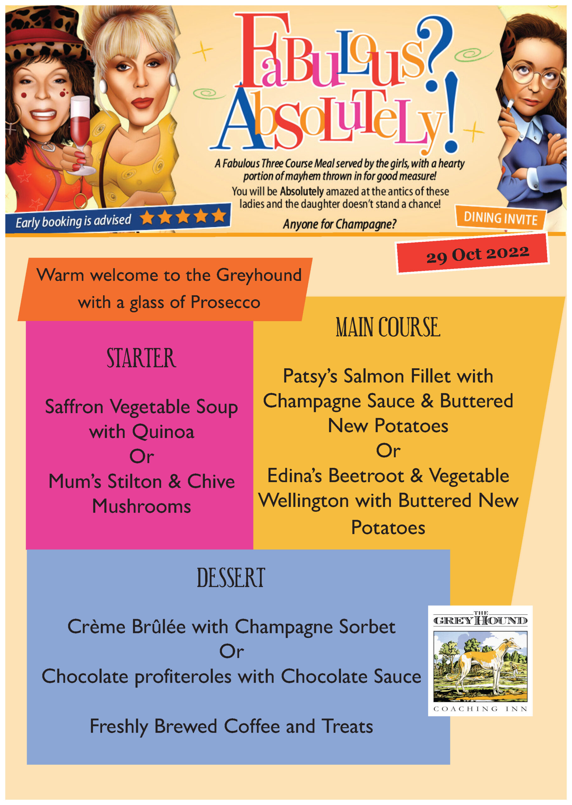 Ab Fab Comedy Dining Event 29 Oct 2022 MENU