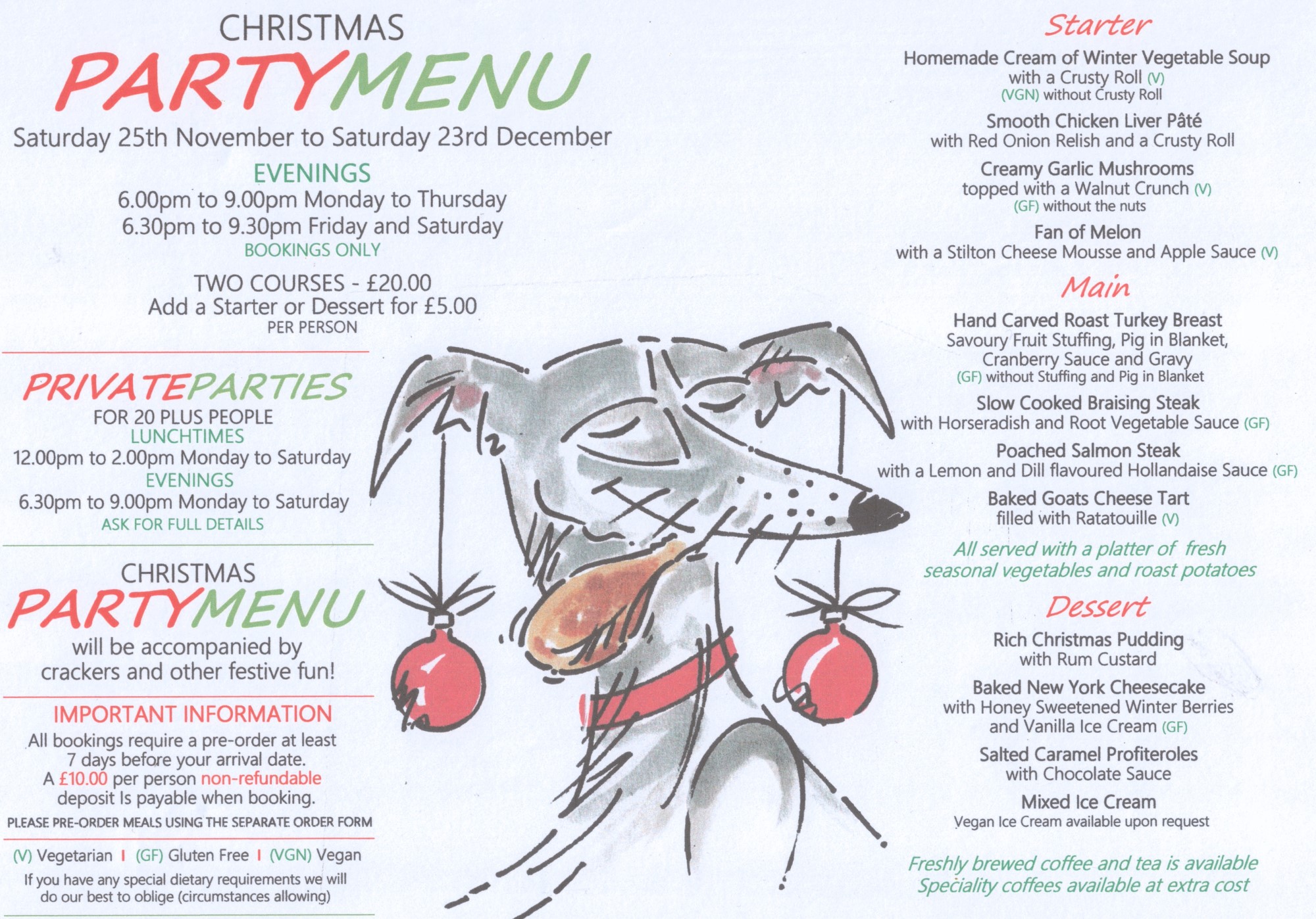 Christmas Party Menu 2023 The Greyhound Inn Lutterworth Leicestershire